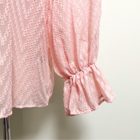 Shein Pink Sheer Chevron Faux Pearl Puff Flounce Sleeve Pussycat Bow Blouse 2XL - Picture 4 of 10